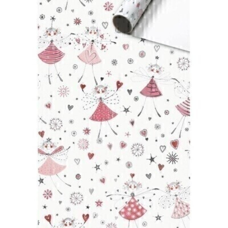 Luxury Elina Rose design with pink fairies and hearts roll wrap paper by Swiss designer Stewo. Ideal Birthday wrapping paper for children and little girls who like fairies. Quality bright white coated wrapping paper 80gsm. Approx size of roll 70cm x 2metres.